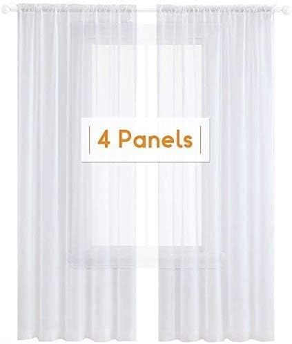 Anjee 4 Panels White Sheer Curtains 108 inches Long Rod Pocket Semi Sheer Curtain Translucency Balance Privacy Voile Window Drapes for Outdoor Patio Yard Glass Dining Room Living Room, 52 x 108 Inch