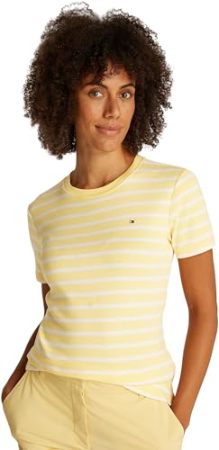 Tommy Hilfiger Camiseta de Manga Corta Mujer Slim Cody con Cuello Redondo, Multicolor (Citronella/Ecru STP), XL