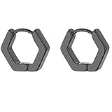 Stainless Steel Hexagon Geometrical Shape Classic Simple Plain Hoop Earrings (Black)