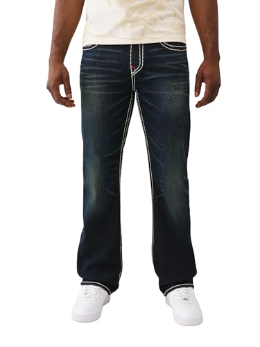 True Religion Men's Billy Super T Flap Jeans – Straight Leg Denim with Contrast Stitching