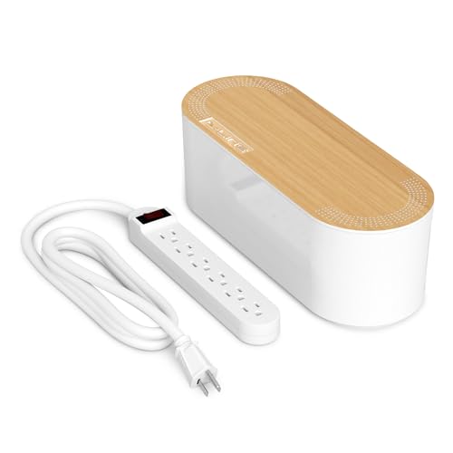 D-Line Cable Management Box with 6 AC Outlet 6ft Power Strip, Hide Extension Cords and Excess Wire Clutter, 12.75in (L) x 5in (H) x 4.5in (W) - Small, White with Wood-Lid