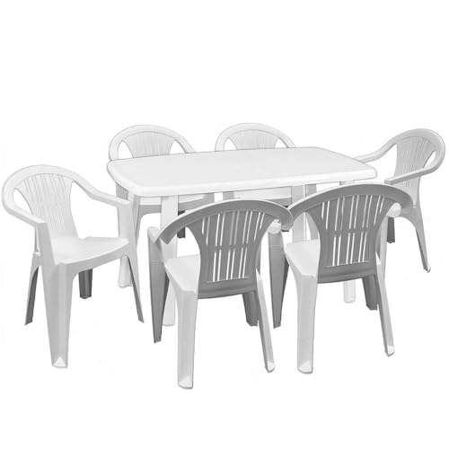 PALUPLUS Set Tavolo Ovale da Giardino con 6 Sedie in Plastica colore Bianco, Misura tavolino 137x85x72 cm, Sedie Impilabili con Braccioli, Arredo per Esterno, Terrazzo, Made in Italy -FAR/LYR