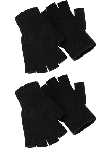 SATINIOR 2 Pair Unisex Winter Half Finger Gloves Knitted Fingerless Mittens Warm Stretchy Gloves in Common Size (Standard Size,Matte Black)