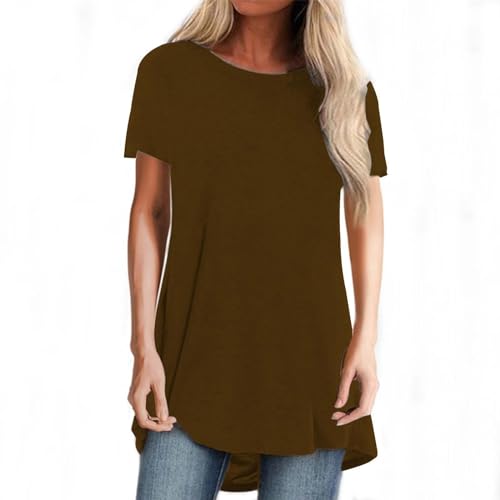 Blusa de Camiseta Larga de Manga Corta con Cuello Redondo y Talla Grande a la Moda para Mujer, de Lino, Transpirable y Ligero, Ideal para Verano, Tendencia Actual Estampado gráfico
