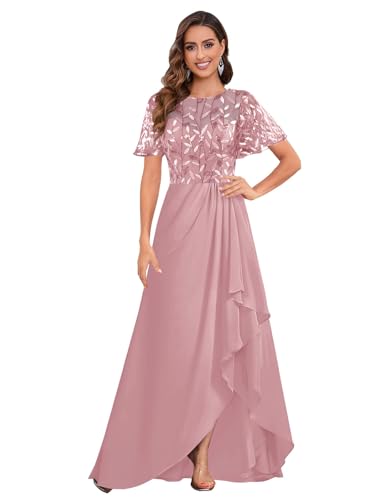 Fu Jiang Women's Short Sleeve Mother of The Bride Dresses Long Chiffon Ruffles High Low Formal Evening Gowns3