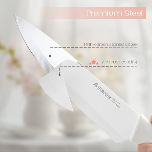 Astercook Knife Set for Kitchen 15 Piece with Block and Sharpener Kitchen Knives with Ceramic Coating Sharp Blade Dishwasher Safe Deba Knives with Anti-slip Ergonomic Handle, Elegant White