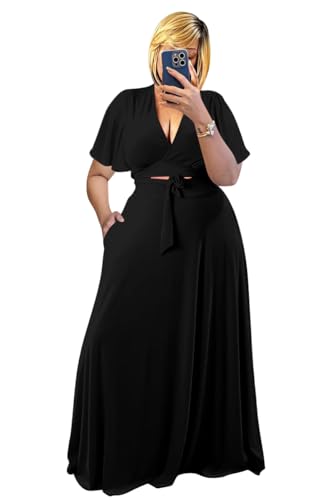 Image of Plus Size Women's 2 Piece Outfits Casual Short Ruffle Sleeve Wrap Crop Top Maxi Long Dress Flowy Matching Sets