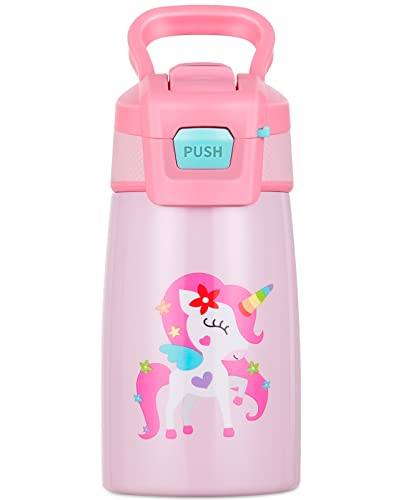 Gourde thermique 350 ml avec paille, Bouteille d'eau en acier inoxydable Sous vide à double paroi pour l'école de camping extérieur Excursionisme (Rose, Unicorne) Cover
