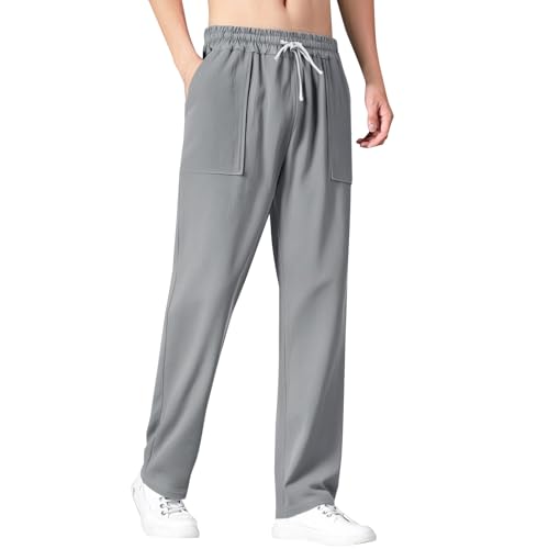 Men's Casual Linen Pants with Pockets Elastic Drawstring Waist Straight Leg Trousers Loose Fit Beach Yoga Sweatpants