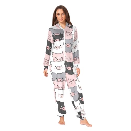 Pijama de cerdo de Navidad entero con capucha de felpa y cremallera para adulto