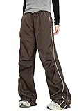 ORANDESIGNE Pantalon Cargo Femme Y2K Pantalon Baggy Rétro Loose Denim Pantalon à Bretelles Multi-Poches Streetwear Jambes Larges Taille Basse Pantalon Droites T Marron XL
