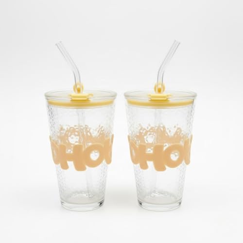 Image of Glass Sipper Tumbler with Straw | Set of 2 | 450ml Stylish Cup for Cold & Hot Drinks | Reusable Travel Mug for Office, Gym, Home (Transparent, Yellow)