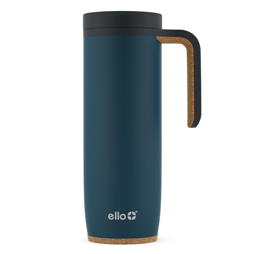 Ello Magnet 18oz Stainless Steel Travel Mug with Handle and Leak Proof Lid | Vacuum Insulated Coffee Cup Keeps Drinks Hot for 5 Hours | BPA Free Tumbler with Built In Coaster, Poseidon