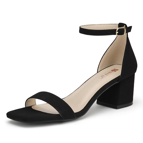 IDIFU Black Heels Chunky Block Low Short Square Open Toe Heel Sandals Ankle Strap Small Thick Ladies Dress Shoes for Women Work Prom Party Summer Comfortable Cute Trendy Heels(Black Nubuck 8.5)