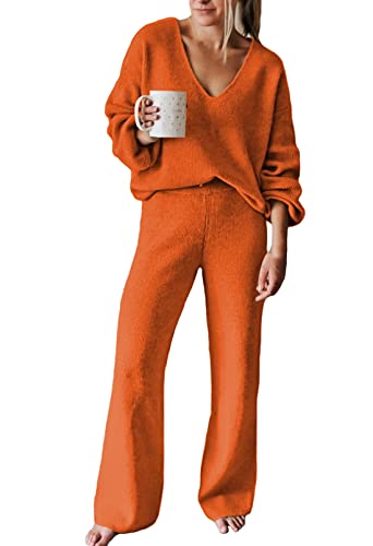 Image of Viottiset Women's 2 Piece Outfits Casual V Neck Knit Wide Leg Sweater Lounge Set Sweatsuit