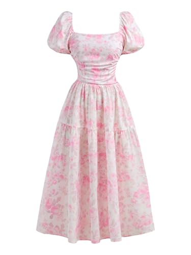 Girl's Floral Ruffle Dress Ruched Short Puff Sleeve Square Neck Flowy Long Party Dresses