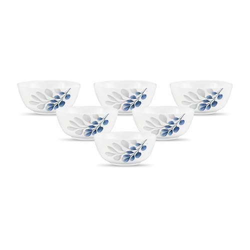 Image of La Opala Diva, Pearl Collection Opal Glass Crockery | Vegetable Bowl 220 ml Set of 6 | Indigo Bliss Design | for dal & Condiments | Microwave Safe | 100% Vegetarian | Extra Strong | Light & White