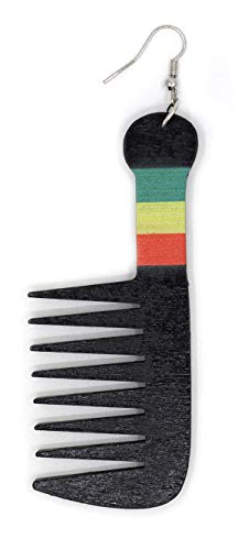 Teri's Boutique Black African American Jamaican Afro Hair Comb Rasta Color Details Wood Light Weight Long Dangle Drop Fashion Earrings2