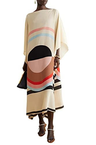 Women's Printed Kaftan Silk Crepe Dress – Calf Length Tunic for Summer Lounge Wear, Elegant Loose Fit, Boho Style Beach Cover-Up, Perfect Casual Party Dress & Gift for Her