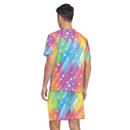 Rainbow Star Men’s Pajama Sets Short Sleeve Lounge Wear with Elastic Waistband and Drawstring2