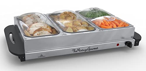 Vintage Gourmet® 4 Tray Food Warmer, All in One Buffet Server with Warming Plate Function, Turkey & Vegetables, Keeps Food Warm, Variable Temperature Control, Cool-Touch Handles Easy Portability 300W