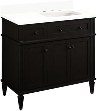 Signature Hardware 953349-36-RUMB Elmdale 36" Single Vanity Set with Mahogany Cabinet, Quartz Vanity Top, and Rectangular Sink - 1-1/2" Faucet Holes - Charcoal Black/Arctic White