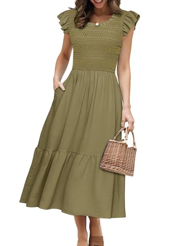 Image of Simplee Womens Summer Midi Dress Casual Boho Smocked Waist Flutter Sleeve A Line Flowy Tiered Dress with Pockets