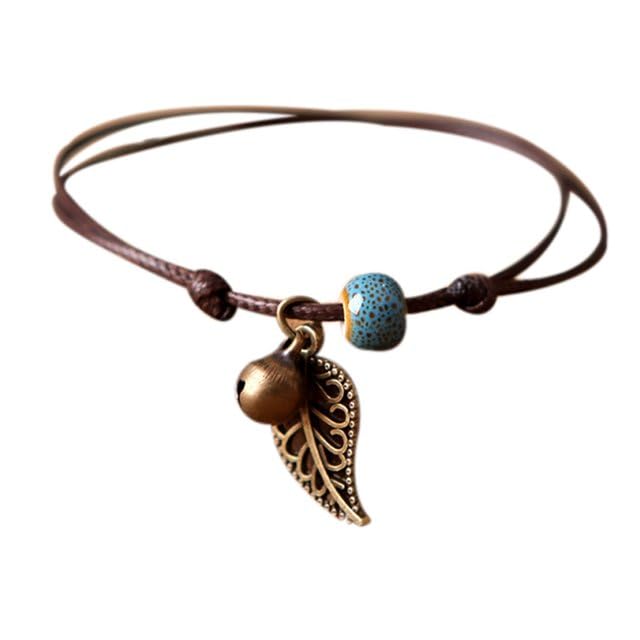 1 PC- Retro Bohemian Ceramic Bead Decor Hollow Bell & Leaf Charm Bracelet for Girls & Women-image-13