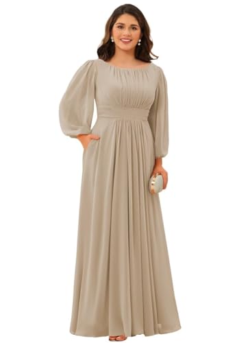 Women's Long Sleeve Crew Neck Bridesmaid Dresses Plus Size Chiffon Formal Evening Gowns with Pockets PU184