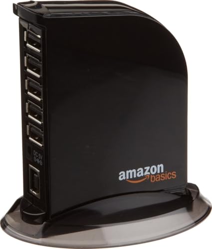 Image of Amazon Basics 7-Port USB 2.0 Hub Tower for Laptop and PC, USB Splitter with 5V /4A Power Adapter, 2 Fast Charging Ports, Plug and Play, Black