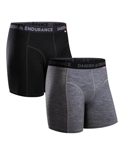 DANISH ENDURANCE Merino Boxershorts Herren (2er Pack), Merino Unterwäsche Herren, Mit oder ohne Eingriff, Mehrfarbig (1xschwarz, 1xgrau Meliert), L
