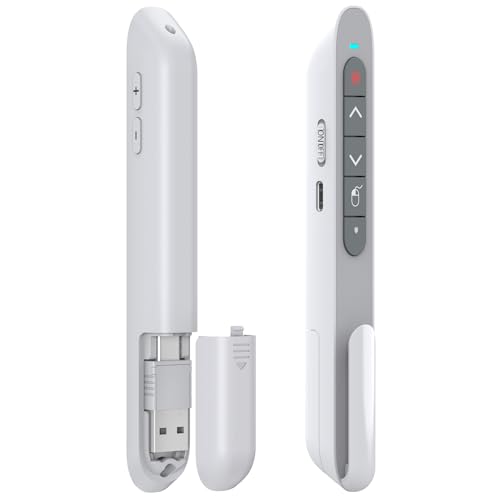 Image of DINOSTRIKE White Presentation Clicker with Air Mouse Control, USB Type C Wireless Presenter Remote Clicker for Powerpoints Slide RF 2.4GZ Slide Advancer for Computer Laptop Mac
