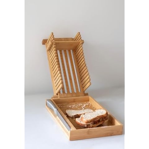 Premium Wooden Bread Slicer with Crumb Catcher – Perfect for Homemade Bread, Sourdough, and Loaves | Adjustable Slicing Guide with Knife & Storage Bag Cover