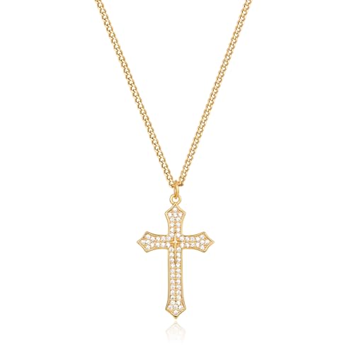 LADYGD Gold Cross Necklace for Women 14K Gold Plated Cubic Zirconia Trendy Cross Pendant Necklace Handmade Adjustable Faith Gold Jewelry Gifts