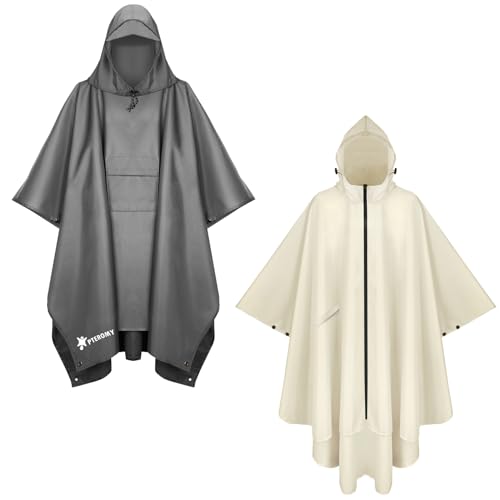 PTEROMY Hooded Rain Poncho with Pocket(Grey)+Hooded Rain Poncho with Pocket and Zipper(Beige)