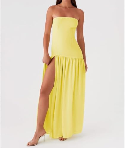 Image of Willow Dance Women Tube Top Dress Printed Mesh Patchwork Maxi Dress Strapless Sexy High Slit Long Dresses Party Clubwear
