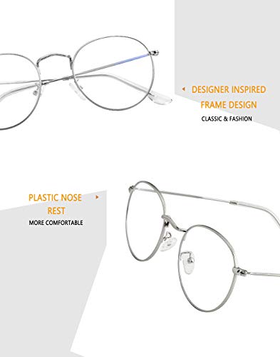 Blue Light Blocking Glasses for Women Men Retro Round Clear Lens Eyeglasses (Silver) - Thumbnail 3