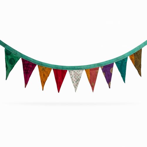 Vintage Silk Sari Triangle Bunting Banner, 78 Inch Multicolor Boho Pennant Garland, Party Wedding Decoration
