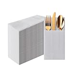 PAW - Linen Feel Napkins with Built-in Flatware Pocket, Airlaid Paper Pre-Folded Napkins for Silverware, Wedding Party, Dinner, Birthday, Gatherings, Monocolor Silver, 50 Count