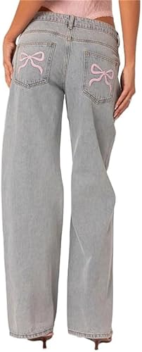Women Indie Aesthetics Jeans Y2k Bow Trim Zipper Denim Pants Vintage Casual Baggy Jeans Streetwear