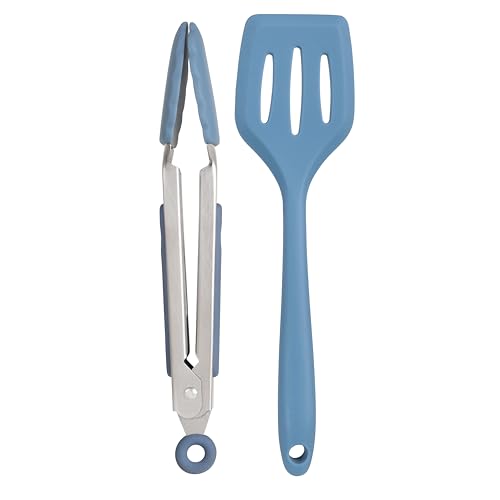 Wiltshire Silicone Mini Kitchen Tongs & Turner, Set of 2, Serving Spatula & Cooking Tongs, Salad BBQ Tongs Stainless Steel, Fish Slice, Heat-Resistant Utensil, Non-Stick, Non-Scratch, Petrol Blue
