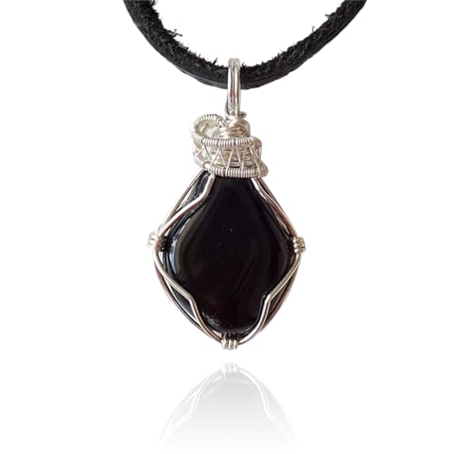 Designs by Nature Gems Onyx Necklace, Handmade Black Onyx Pendant, Comes with a 24 inch Black Leather Cord, Wire Wrapped in Silver Plated, Men's Necklace, December Birthstone
