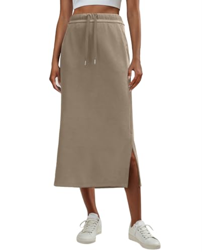 Image of Lepunuo Women's High Waisted Sweat Maxi Skirt with Pockets Slit | Ultra Soft Sweat Fabric, High Waist Drawstring, Deep Phone Pockets, Side Slit for Movement, Ideal for Lounge Travel