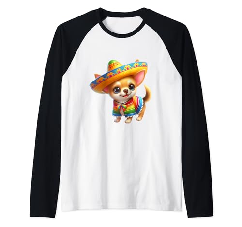 Chihuahua Rainbow Puppy Cinco De Mayo Perro Mariachi Camiseta Manga Raglan