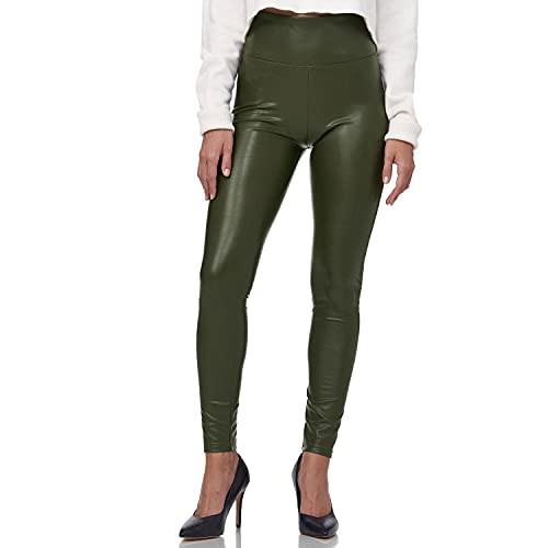Gloop Leggings de piel sintética para mujer, cintura alta, mallas, medias, leggings de piel sintética, aspecto de piel, hasta la cadera, Verde Oscuro Cintura Alta, L Cover