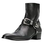 Santimon Men's Genuine Leather Harness Ankle Western Boots - Fashion Handmade Buckle Strap Biker/Dress Casual Cowboy Boots with Side Zipper, Pointed Toe & Cuban Heel Black 10 US
