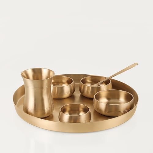 Image of The healing store 7-Piece Kansa Solid Dinner Set|Shine Finish|1 Plate (11.5 inch Thali),3 Bowls,1 Glass,1 Sweet Dish Plate,1 Spoon | Bronze Kansa Dinner Set 7 matt Polish
