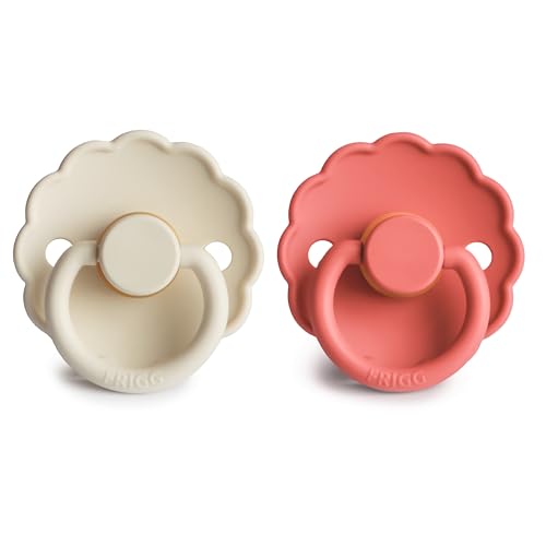 Image of FRIGG Daisy Natural Rubber Baby Pacifier | Made in Denmark | BPA-Free (Cream /Poppy, Size 2) 2-Pack