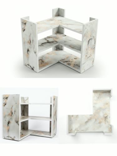 Image of Multipurpose 3 Tier L Shaped Wooden Storage Rack For Kitchen, Living Room and Utility Storage, White Marble
