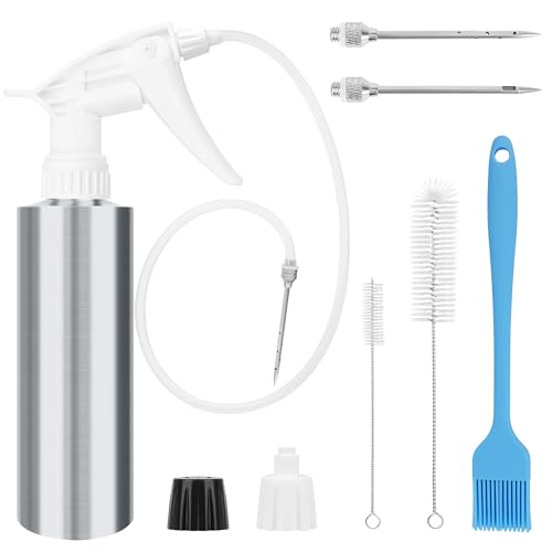 Anglekai Spray Bottle and Marinade Injector, Meat Injector Syringe with Stainless Steel Oil Spray Bottle/Marinade Needles/ 2 Brushes/Hose for Meat BBQ